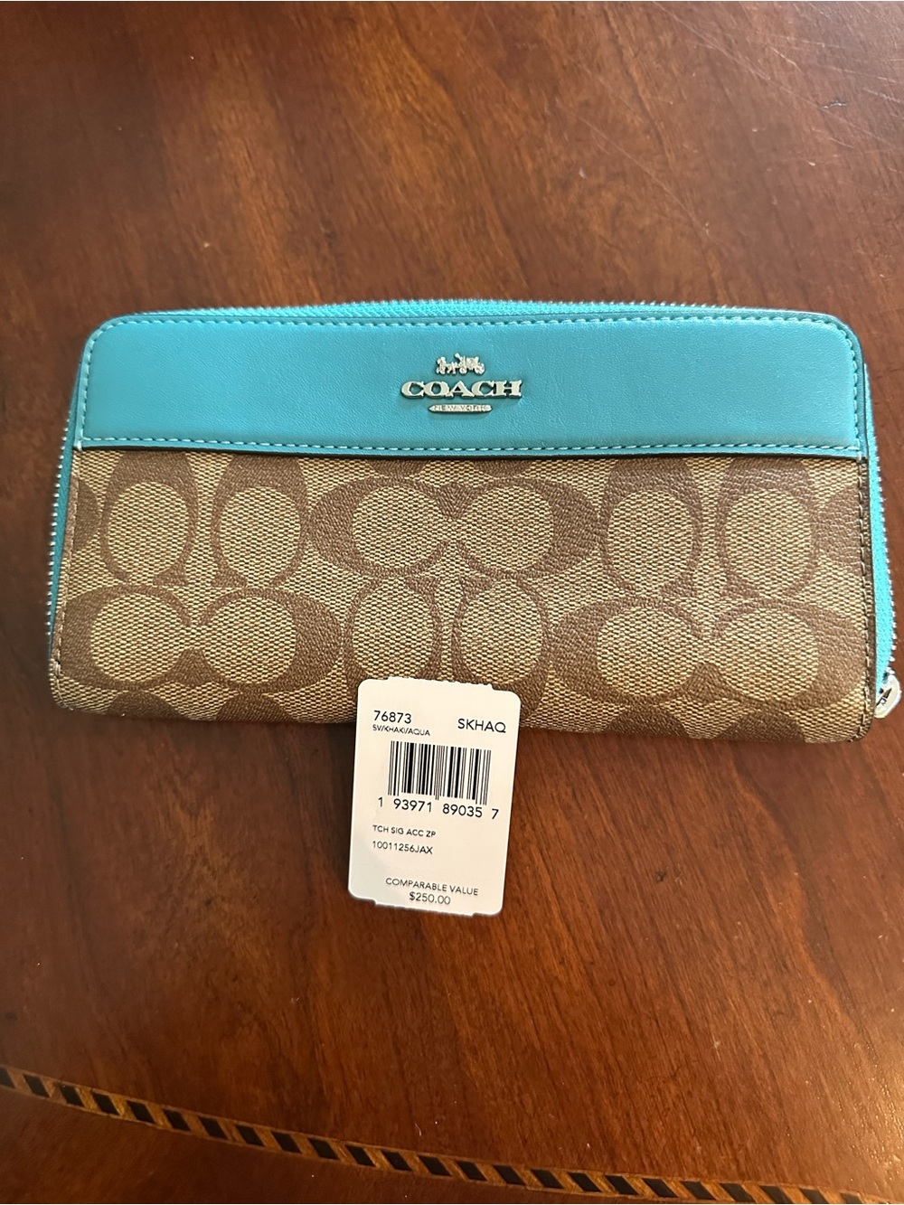 Coach Signature Zip Wallet in Robins Egg and Khaki NWT